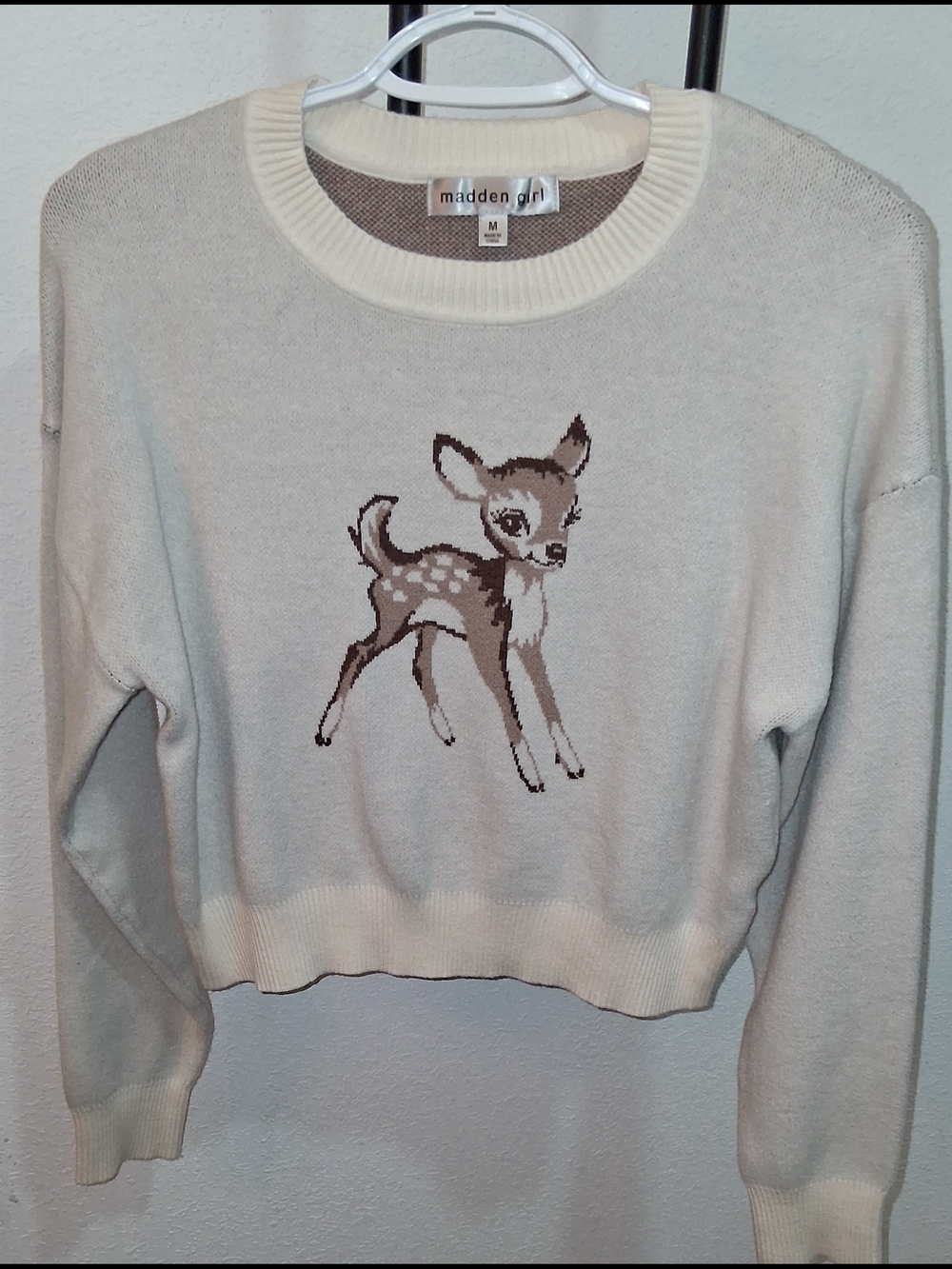 Madden Girl Cream Fawn Intarsia Crewneck Sweater